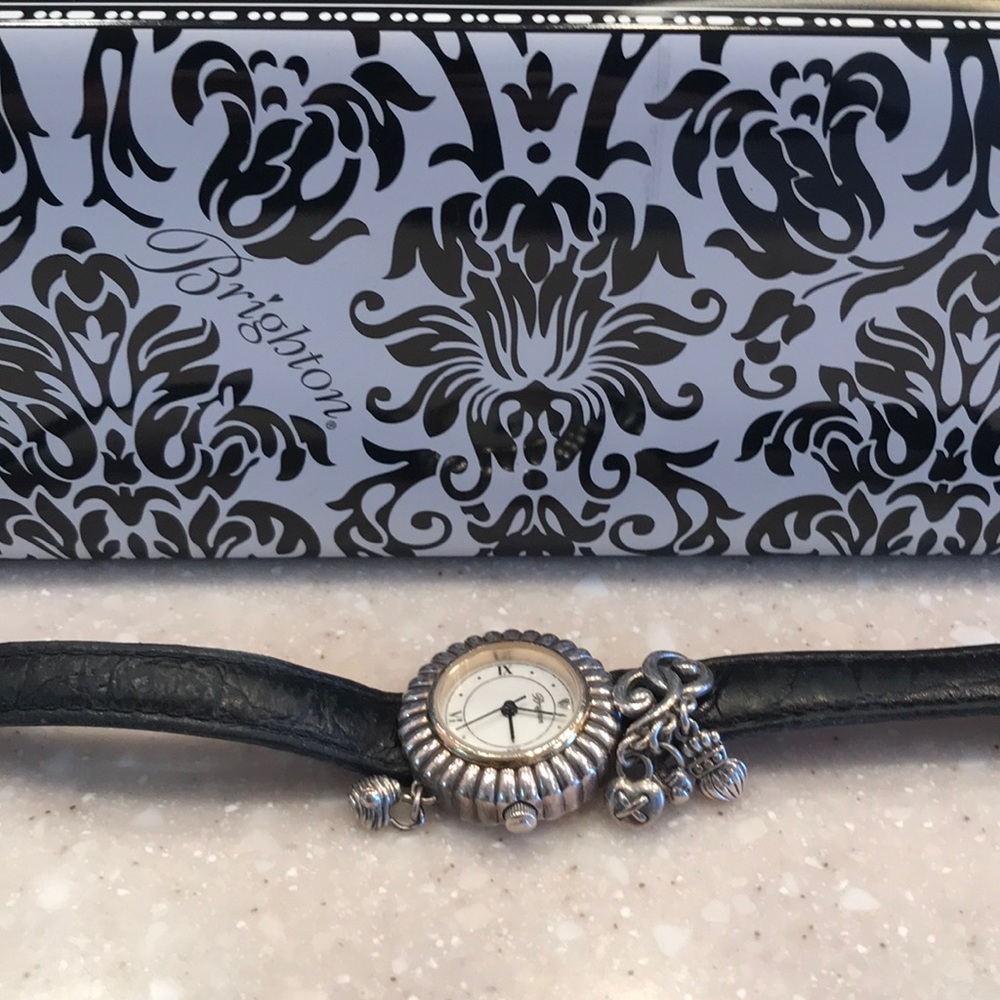 Brighton Charm Watch with black leather strap